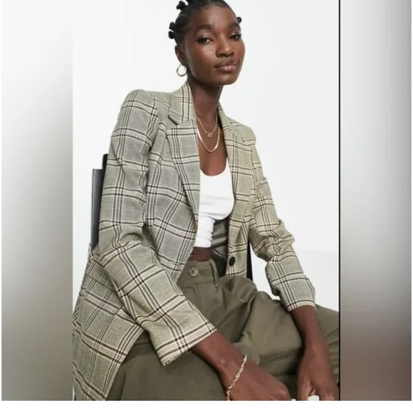 TOPSHOP Women Plaid Blazer in Olive Color Size M - Picture 1 of 7